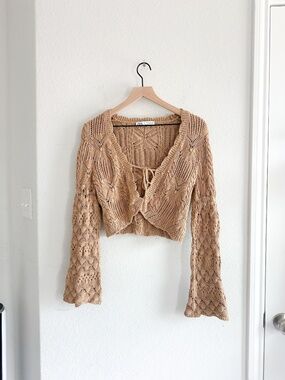 Zara Tan Open Knit Tie Front Cropped Cardigan Bell Sleeve Small